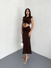 Osy Modal Yumuşak Dokulu Kumaş Büzgülü Crop Etek Takım -Kahverengi