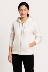 Üç İplik Kapüşonlu Tam Fermuarlı Kanguru Çepli SweatShirt Hoodie - Beyaz