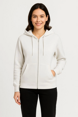 Üç İplik Kapüşonlu Tam Fermuarlı Kanguru Çepli SweatShirt Hoodie - Beyaz
