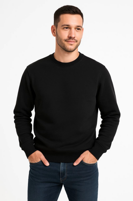 Erkek Üç İplik Düz Bisiklet Yaka SweatShirt - Siyah