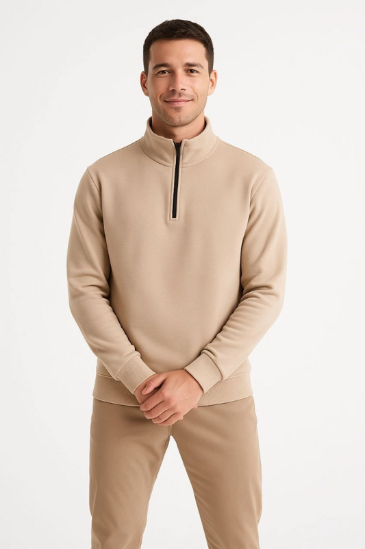 Erkek Dik Yaka Sweatshirt Dik Yaka Yarım Fermuarlı 3 İplik Şardonlu Pamuk Kumaş - Bej