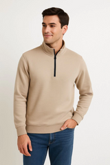 Erkek Dik Yaka Sweatshirt Dik Yaka Yarım Fermuarlı 3 İplik Şardonlu Pamuk Kumaş - Bej