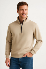 Erkek Dik Yaka Sweatshirt Dik Yaka Yarım Fermuarlı 3 İplik Şardonlu Pamuk Kumaş - Bej