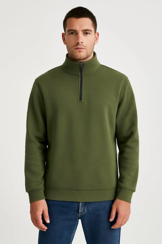 Erkek Dik Yaka Sweatshirt Dik Yaka Yarım Fermuarlı 3 İplik Şardonlu Pamuk Kumaş - Haki