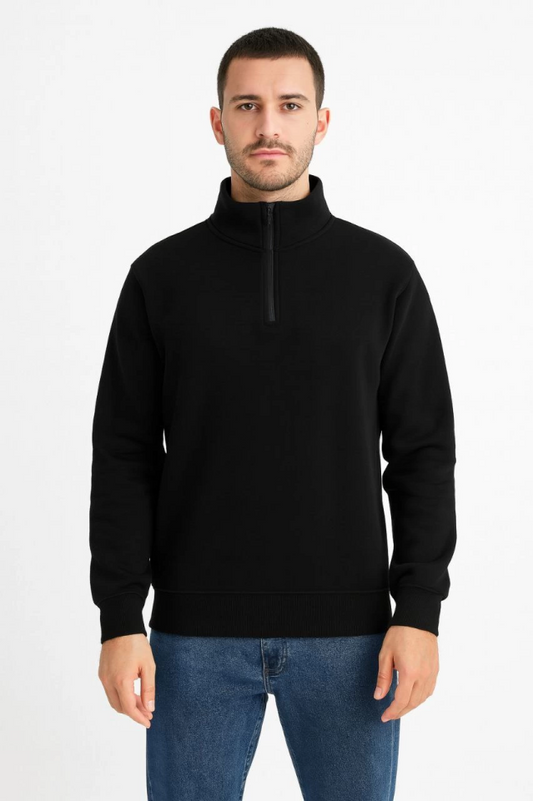 Erkek Dik Yaka Sweatshirt Dik Yaka Yarım Fermuarlı 3 İplik Şardonlu Pamuk Kumaş - Siyah