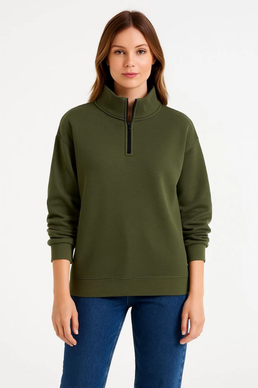 Üç İplik Dık Yaka Yarım Fermuarlı SweatShirt - Haki