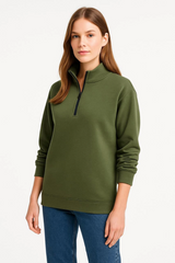 Üç İplik Dık Yaka Yarım Fermuarlı SweatShirt - Haki