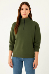 Üç İplik Dık Yaka Yarım Fermuarlı SweatShirt - Haki