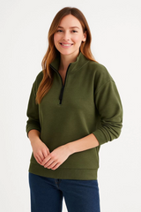 Üç İplik Dık Yaka Yarım Fermuarlı SweatShirt - Haki