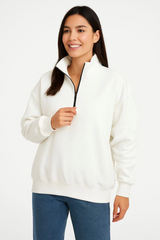 Üç İplik Dık Yaka Yarım Fermuarlı SweatShirt - Beyaz