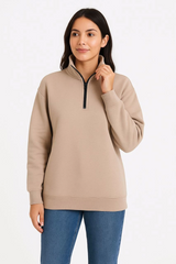 Üç İplik Dık Yaka Yarım Fermuarlı SweatShirt - Bej