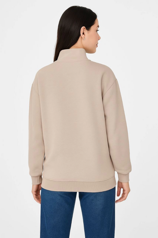 Üç İplik Dık Yaka Yarım Fermuarlı SweatShirt - Bej