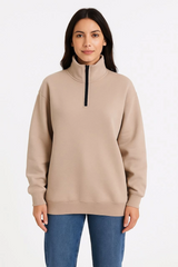 Üç İplik Dık Yaka Yarım Fermuarlı SweatShirt - Bej