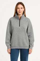 Üç İplik Dık Yaka Yarım Fermuarlı SweatShirt - Gri