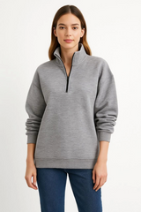 Üç İplik Dık Yaka Yarım Fermuarlı SweatShirt - Gri