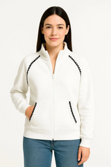 Oversize Dik Yaka Fermuarlı Sweatshirt - Zincir Nakışli Kanguru Cepli, - Beyaz