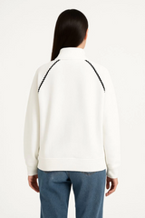 Oversize Dik Yaka Fermuarlı Sweatshirt - Zincir Nakışli Kanguru Cepli, - Beyaz