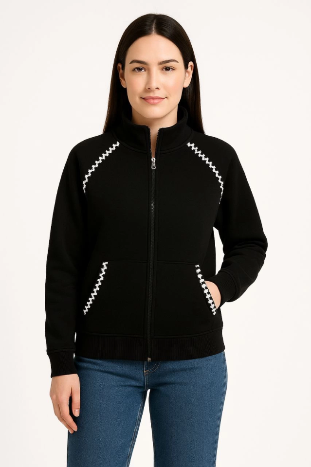 Oversize Dik Yaka Fermuarlı Sweatshirt - Zincir Nakışli Kanguru Cepli, - Siyah