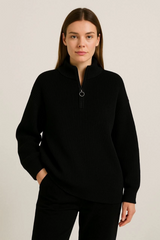 KADIN Yarım Fermuarlı Triko Kazak – Selanik Örgü, Dik Yaka, Pamuklu Dokuma, Oversize Uzun Kollu Kışlık Model - Siyah