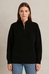 KADIN Yarım Fermuarlı Triko Kazak – Selanik Örgü, Dik Yaka, Pamuklu Dokuma, Oversize Uzun Kollu Kışlık Model - Siyah