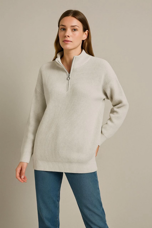 KADIN Yarım Fermuarlı Triko Kazak – Selanik Örgü, Dik Yaka, Pamuklu Dokuma, Oversize Uzun Kollu Kışlık Model - Gri