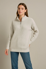 KADIN Yarım Fermuarlı Triko Kazak – Selanik Örgü, Dik Yaka, Pamuklu Dokuma, Oversize Uzun Kollu Kışlık Model - Gri