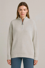 KADIN Yarım Fermuarlı Triko Kazak – Selanik Örgü, Dik Yaka, Pamuklu Dokuma, Oversize Uzun Kollu Kışlık Model - Gri