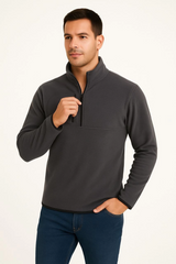 Erkek Polar Kazak – Dik Yaka, Yarım Fermuarlı, Fermuarlı Göğüs Cepli, Siyah Biyeli, Kışlık Rahat Regular Fit Günlük Model - Füme