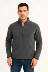 Erkek Polar Kazak – Dik Yaka, Yarım Fermuarlı, Fermuarlı Göğüs Cepli, Siyah Biyeli, Kışlık Rahat Regular Fit Günlük Model - Füme