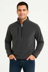 Erkek Polar Kazak – Dik Yaka, Yarım Fermuarlı, Fermuarlı Göğüs Cepli, Siyah Biyeli, Kışlık Rahat Regular Fit Günlük Model - Füme