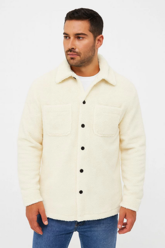 Erkek Pelüş Polar Hırka Gömlek – Yakalı, İlik Düğmeli, Göğüs Cepli, Yumuşak Dokulu Kışlık Regular Fit Rahat Günlük Model - Beyaz