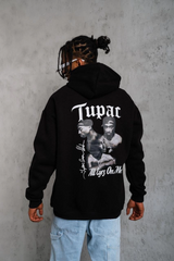 Erkek Oversize Üç İplik Kapüşonlu Sweat – Siyah Kol Ve Etek Ribana Detaylı, Ön Ve Sırt Baskılı, Kanguru Cepli Rahat Kalıp Model