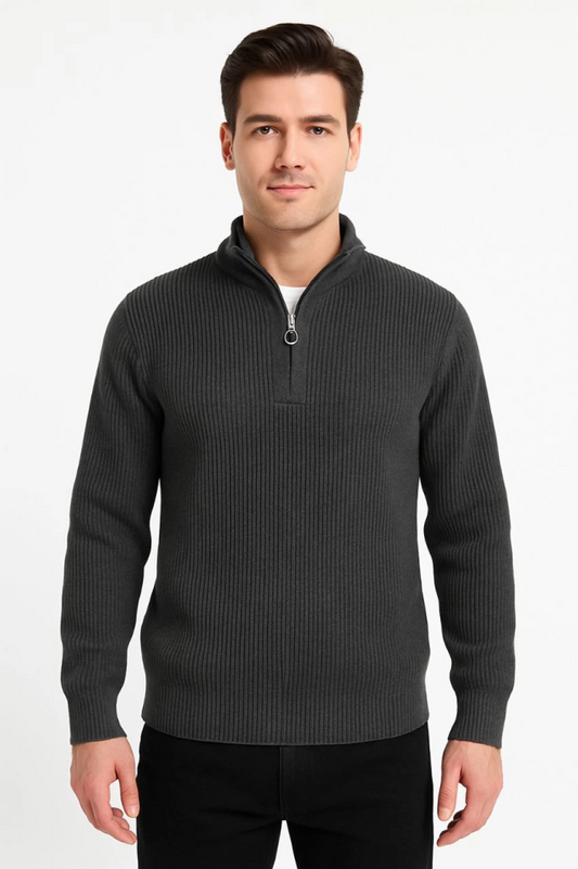 Erkek Yarım Fermuarlı Triko Kazak – Selanik Örgü, Dik Yaka, Pamuklu Dokuma, Regular Fit Uzun Kollu Kışlık Model - Füme