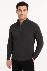 Erkek Yarım Fermuarlı Triko Kazak – Selanik Örgü, Dik Yaka, Pamuklu Dokuma, Regular Fit Uzun Kollu Kışlık Model - Füme