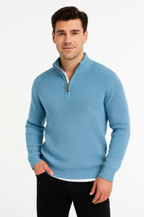 Erkek Yarım Fermuarlı Triko Kazak – Selanik Örgü, Dik Yaka, Pamuklu Dokuma, Regular Fit Uzun Kollu Kışlık Model - Bebe Mavisi