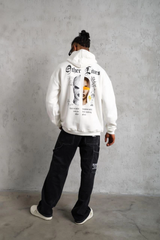 Oversize Üç İplik Şardonlu Kapüşonlu Sweatshirt – Beyaz “Other Lives” Ön Ve Arka Baskılı, Kanguru Cepli, Ribanalı Rahat Kışlık Model Beyaz