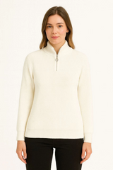 KADIN Yarım Fermuarlı Triko Kazak – Selanik Örgü, Dik Yaka, Pamuklu Dokuma, Oversize Uzun Kollu Kışlık Model - Beyaz