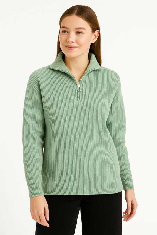 KADIN Yarım Fermuarlı Triko Kazak – Selanik Örgü, Dik Yaka, Pamuklu Dokuma, Oversize Uzun Kollu Kışlık Model - Mint Yeşili