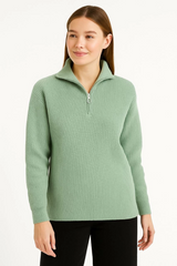 KADIN Yarım Fermuarlı Triko Kazak – Selanik Örgü, Dik Yaka, Pamuklu Dokuma, Oversize Uzun Kollu Kışlık Model - Mint Yeşili