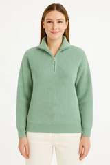 KADIN Yarım Fermuarlı Triko Kazak – Selanik Örgü, Dik Yaka, Pamuklu Dokuma, Oversize Uzun Kollu Kışlık Model - Mint Yeşili