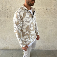 Erkek Yarım Fermuarlı Desenli Polar Sweat Yakalı, Uzun Kollu, Oversize Rahat Kalıp - Bej