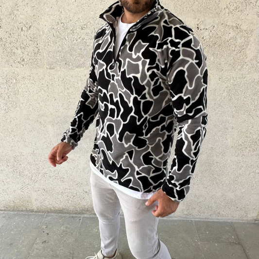 Erkek Yarım Fermuarlı Desenli Polar Sweat Yakalı, Uzun Kollu, Oversize Rahat Kalıp - Siyah