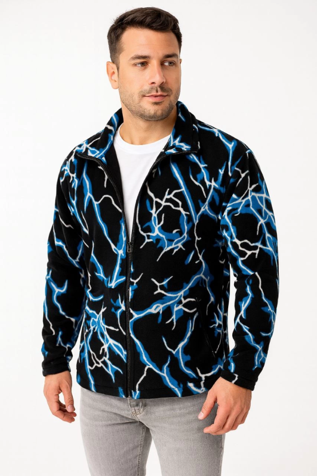 Erkek Tam Fermuarlı Desenli Polar Sweat Lightning Desen Yakalı, Uzun Kollu, Oversize Rahat Kalıp - Siyah