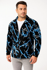 Erkek Tam Fermuarlı Desenli Polar Sweat Lightning Desen Yakalı, Uzun Kollu, Oversize Rahat Kalıp - Siyah