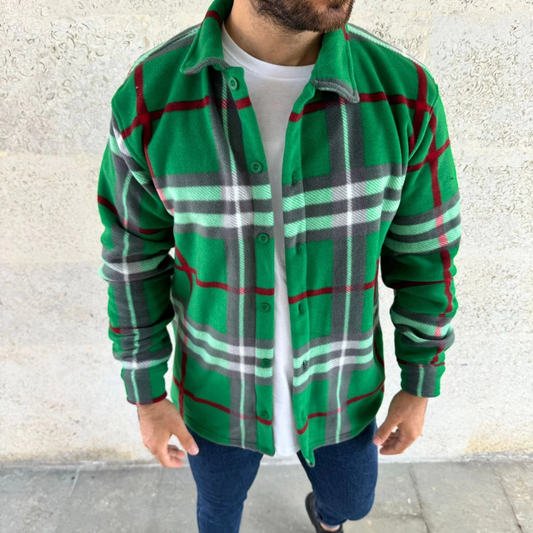 Erkek Ekose Desenli Düğmeli Polar Yakalı Uzun Kollu Gömlek Oversize Rahat Kalıp - Yeşil
