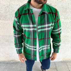 Erkek Ekose Desenli Düğmeli Polar Yakalı Uzun Kollu Gömlek Oversize Rahat Kalıp - Yeşil