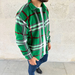 Erkek Ekose Desenli Düğmeli Polar Yakalı Uzun Kollu Gömlek Oversize Rahat Kalıp - Yeşil