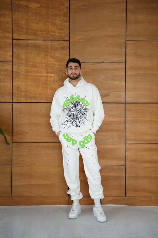 Erkek Kapüşonlu Eşofman Takım Örümcek Ağı Ve Neon Yeşil Baskılı Kanguru Cepli Oversize Rahat Kalıp, Premium Üç İplik Kumaş - Beyaz