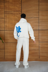 Erkek Kapüşonlu Eşofman Takım Graffiti Baskılı  Oversize Rahat Kalıp, Kanguru Cepli, Streetwear Tarzında Premium Ürün 3 Iplik Pamuklu - Beyaz