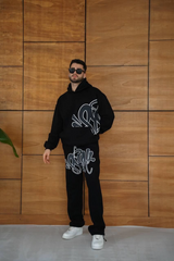 Erkek Kapüşonlu Eşofman Takım Graffiti Baskılı Oversize Rahat Kalıp, Kanguru Cepli, Streetwear Tarzında Premium Ürün 3 Iplik Pamuklu - Siyah